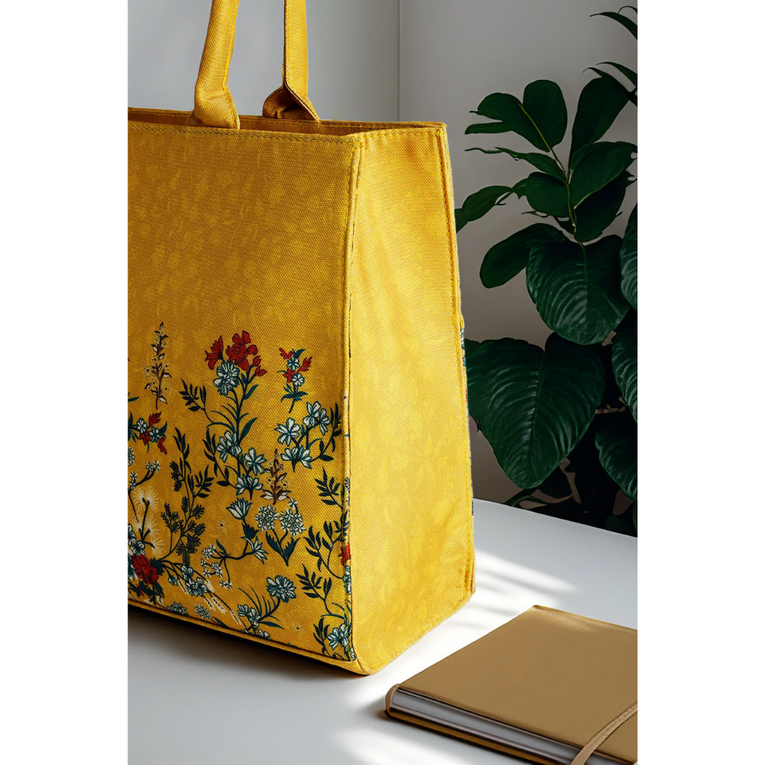 Bagwati yellow canvas tote bag with floral embroidery on a desk beside a notebook and plant.