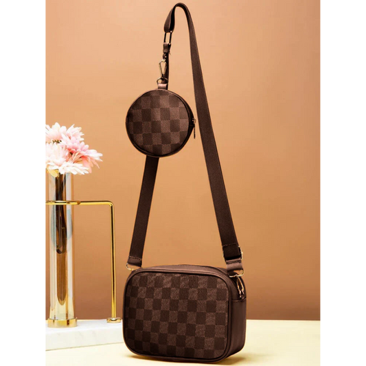 Checkered Coin Crossbody - Brown