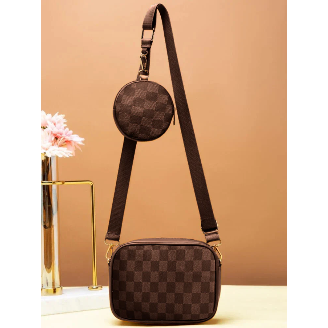 Checkered Coin Crossbody - Brown