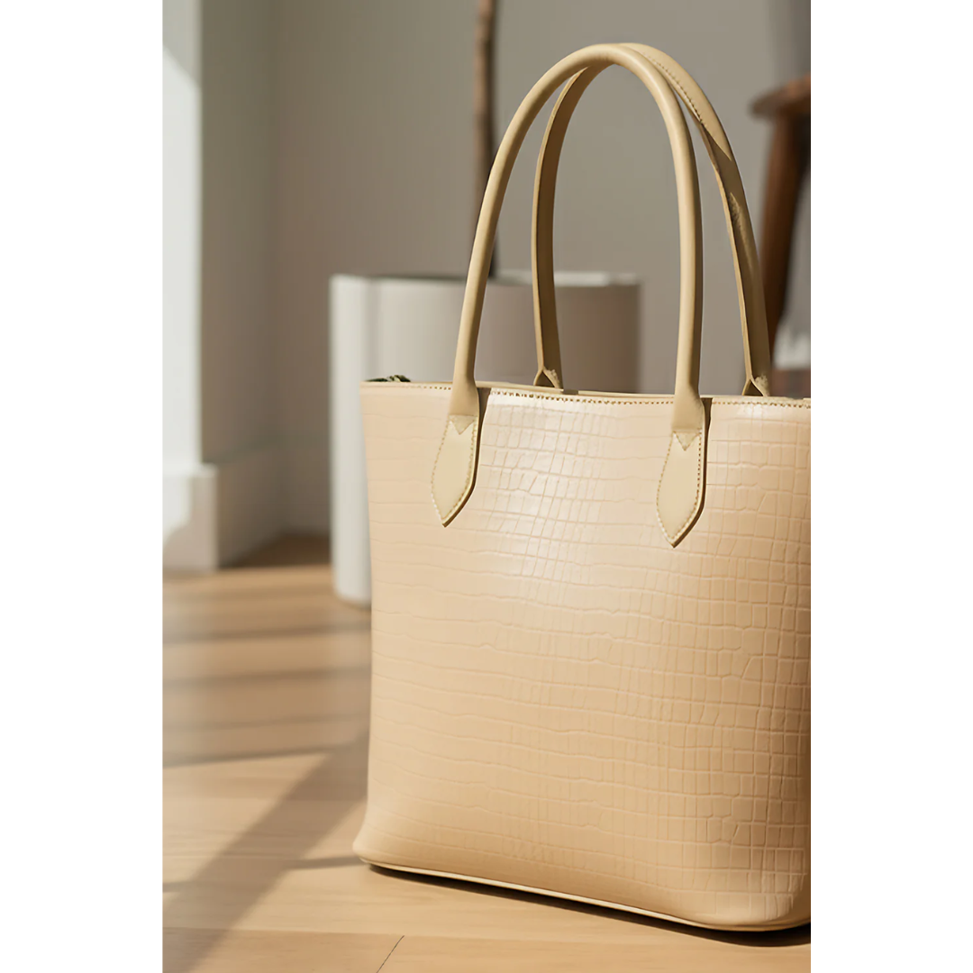 Croco Side Zip Tote - Beige