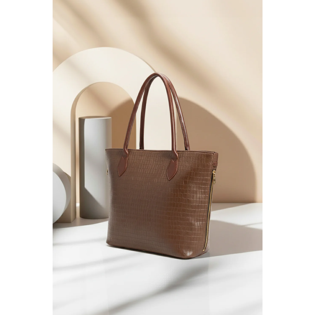 Croco Side Zip Tote - Brown