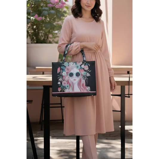 Woman holding Bagwati Diva Canvas Tote Bag in black with floral and sunglasses illustration