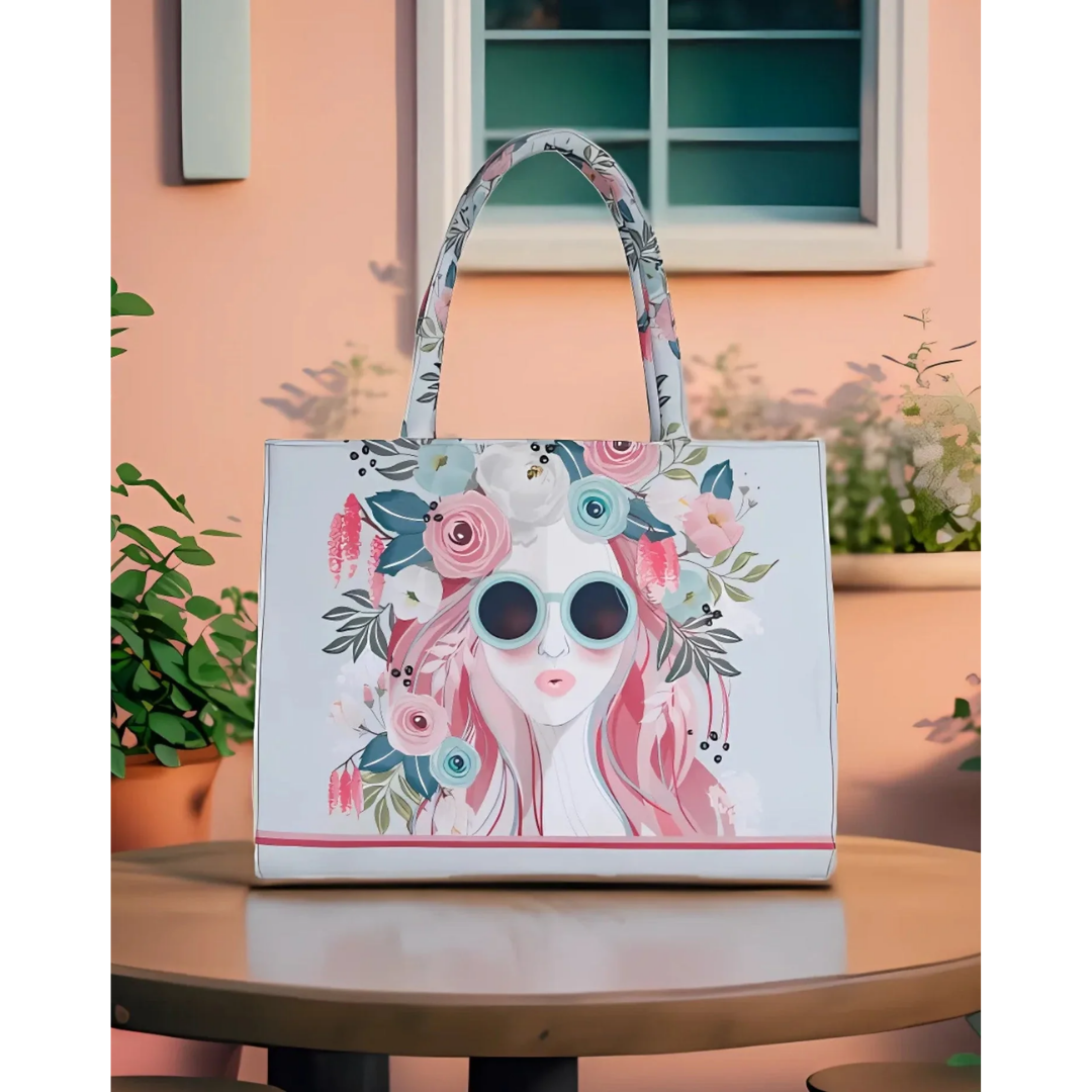 Bagwati grey canvas tote bag with floral and sunglasses woman illustration, outdoor table