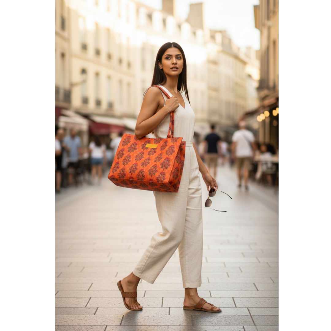 Floral Canvas Tote - Orange