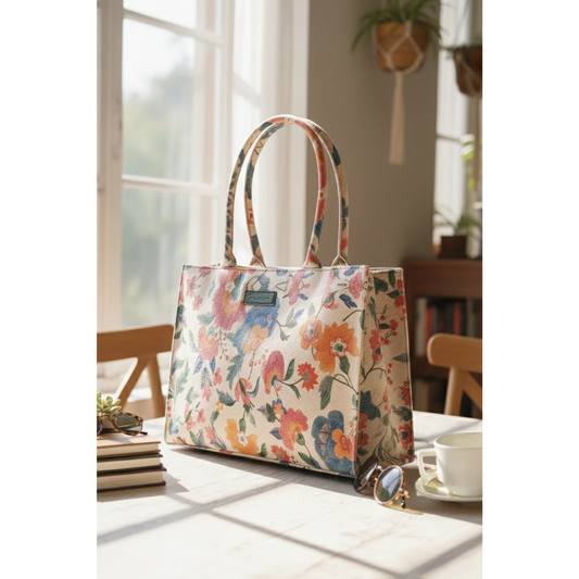 Bagwati beige floral print canvas tote bag on a sunlit table, elegant handbags collection