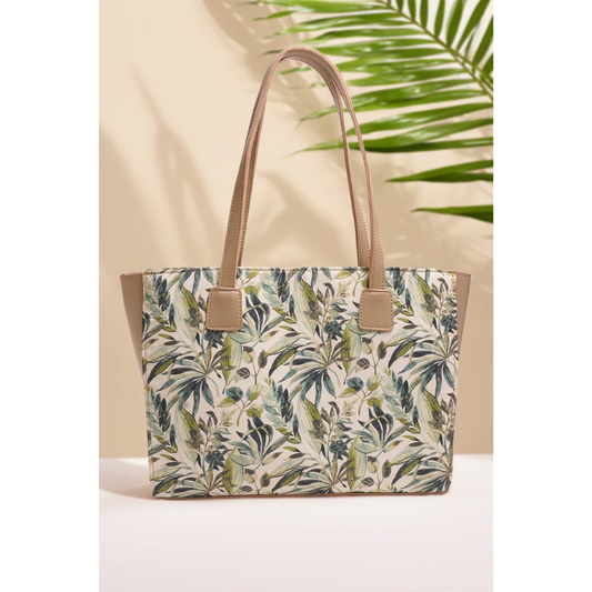 Beige Bagwati canvas tote bag with green forest leaf print, premium handbag on neutral background
