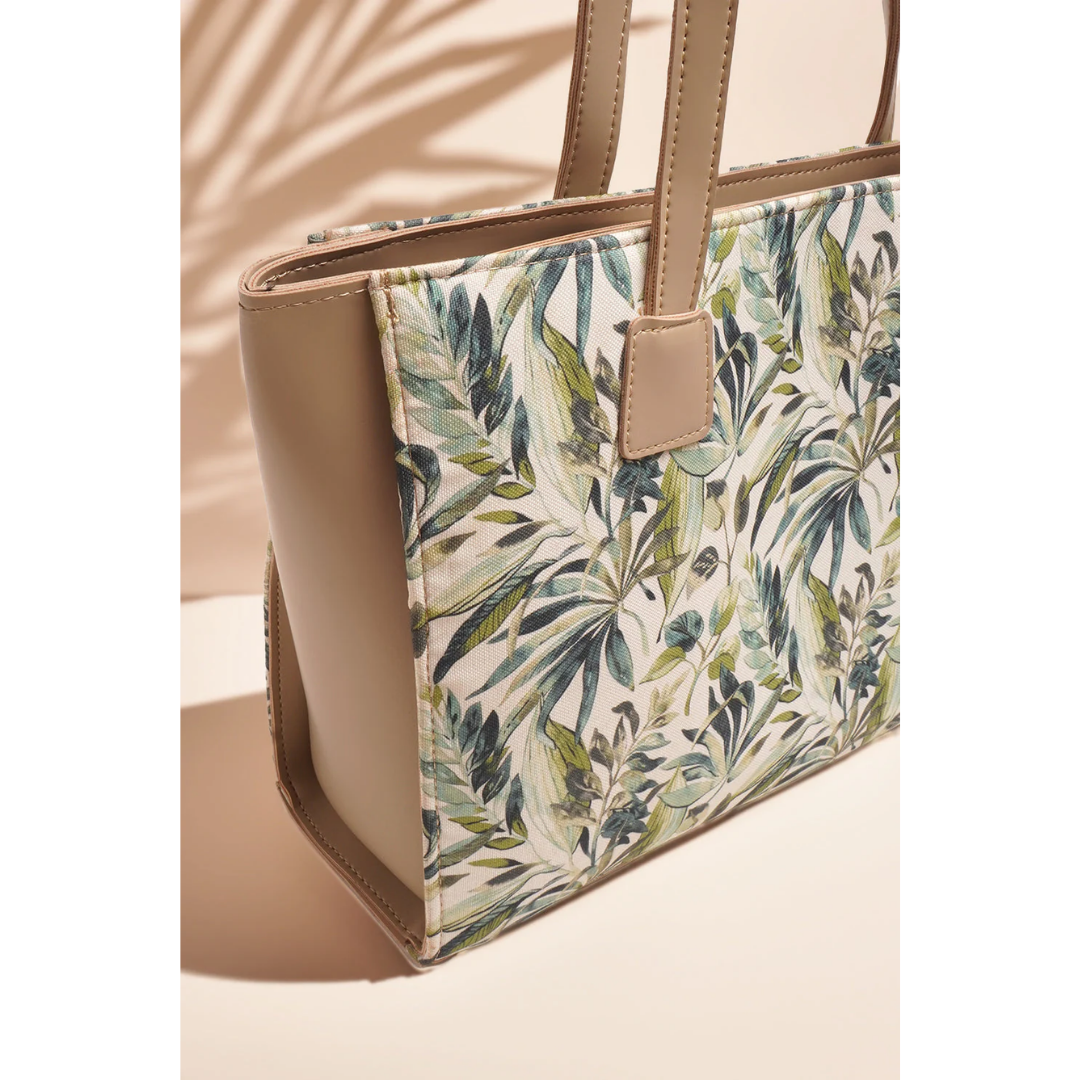 Bagwati Forest View canvas tote bag in beige with green leaf pattern and dual handles