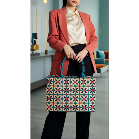 Woman holding Bagwati blue geometrical floral canvas tote bag in modern living room