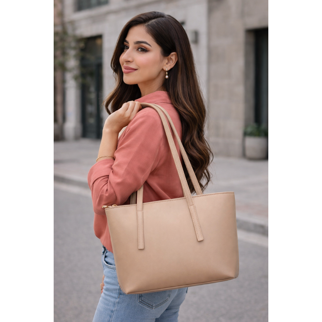 Matte Slim Strap Tote - Beige