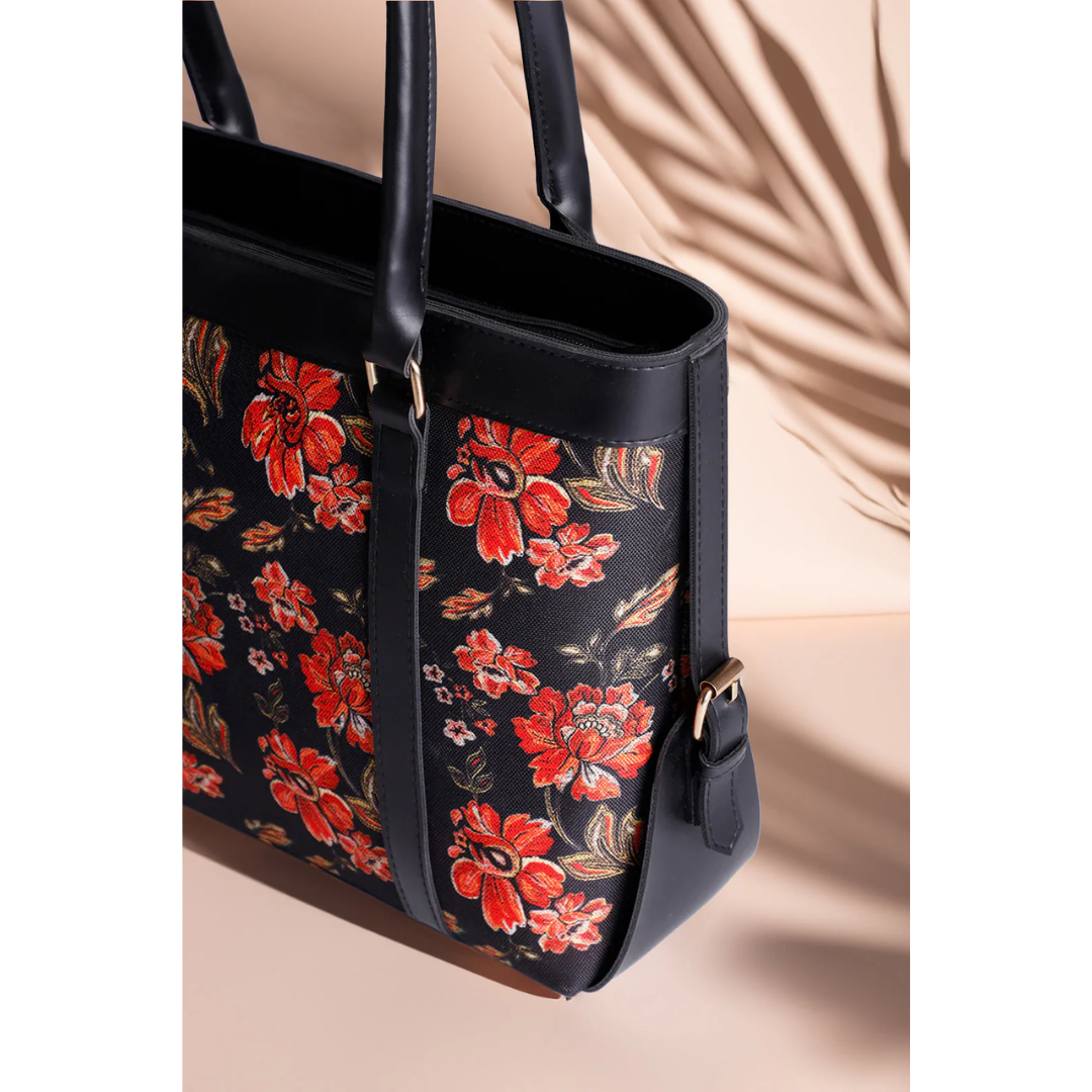 Midnight Bloom Strap Canvas Tote - Black