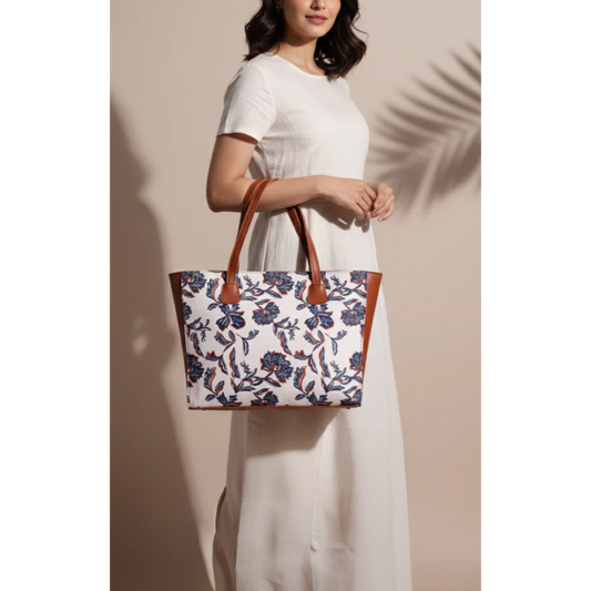 Navy Floral Canvas Tote - Brown