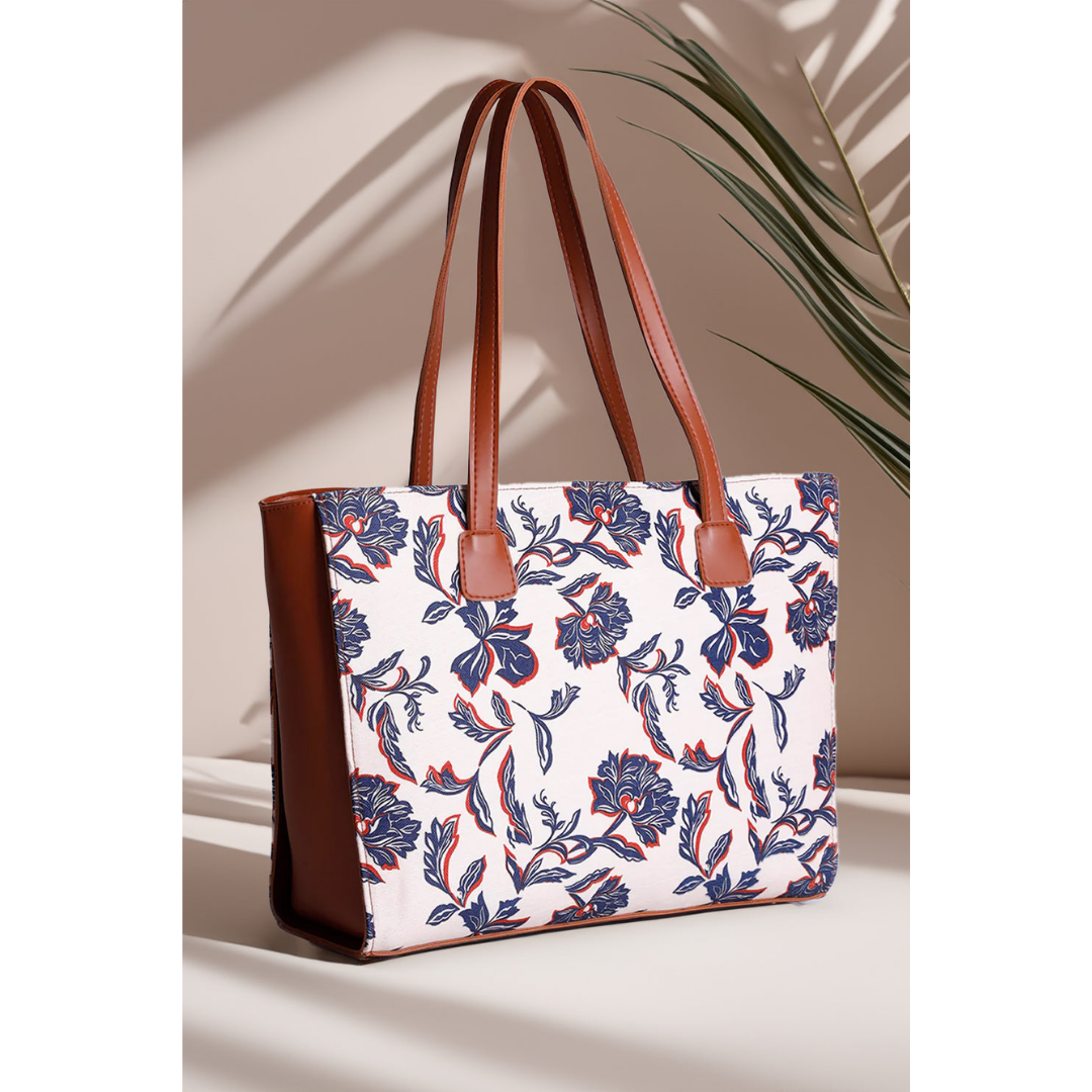 Navy Floral Canvas Tote - Brown