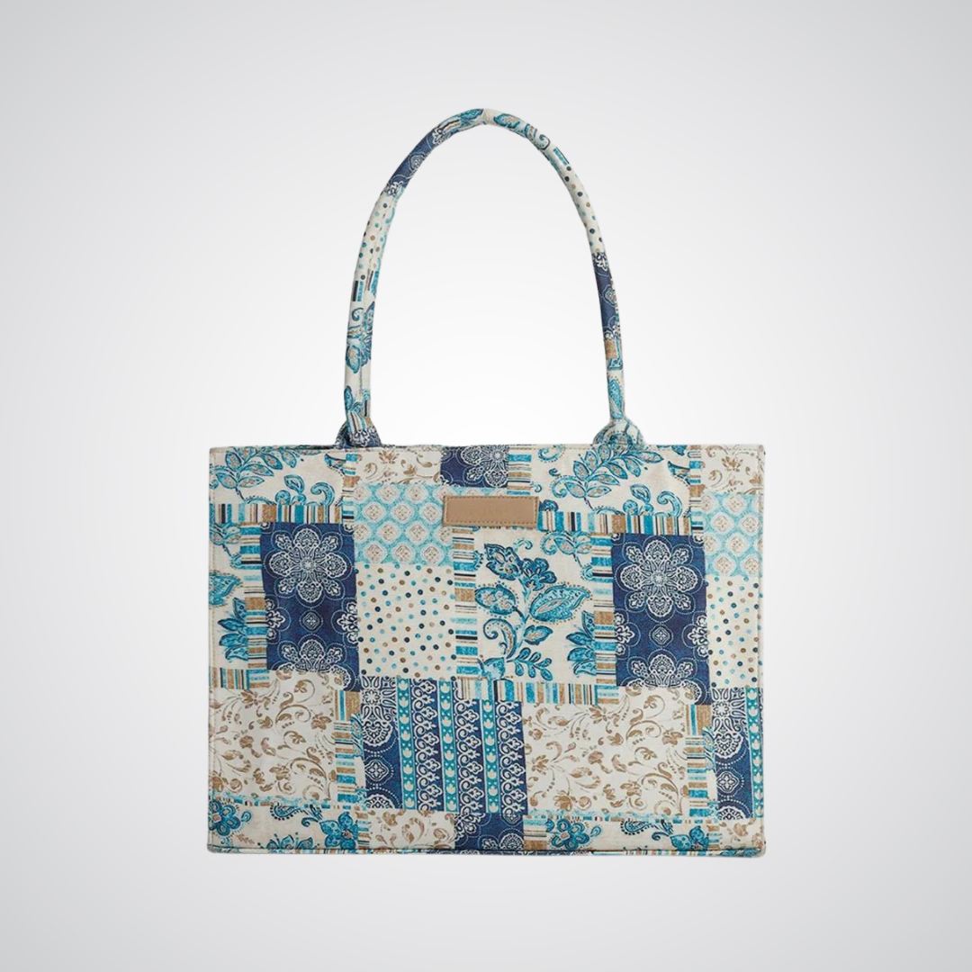 Bagwati artistic blue patchwork canvas tote bag with floral and geometric patterns