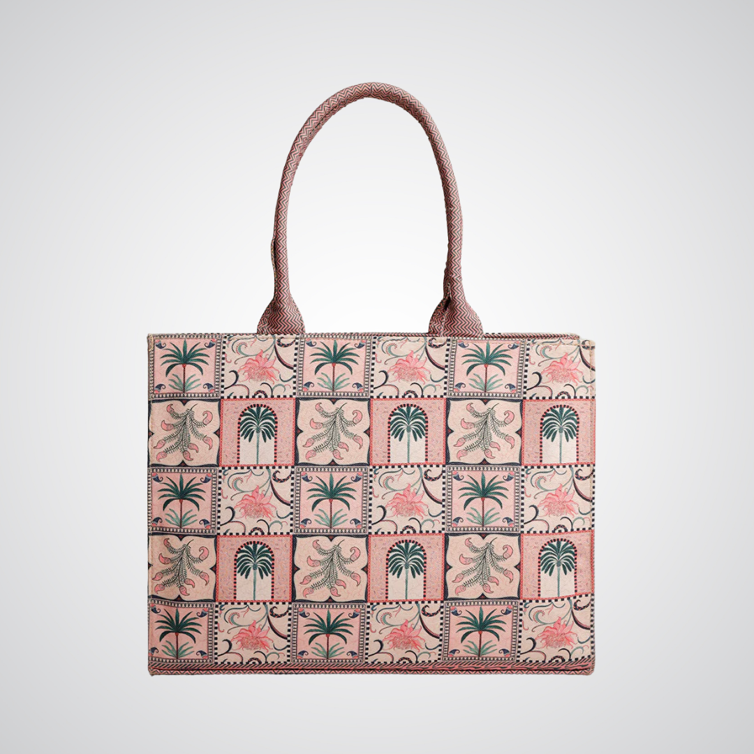 Bagwati botanical print canvas tote bag in pink with palm and floral patterns, premium handbag
