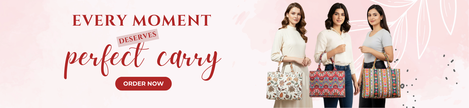 Three women holding patterned bags with promotional text on a pink background