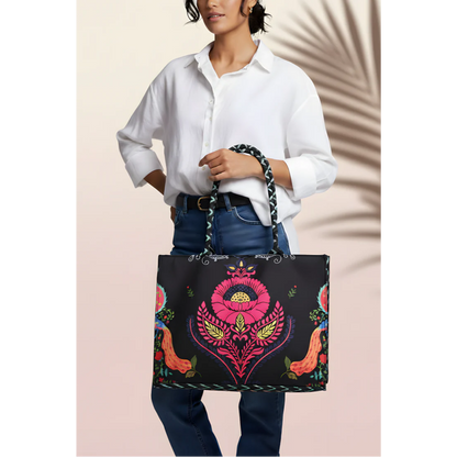 Bagwati Carnival Canvas Tote in black with colorful floral print, held by woman in white shirt