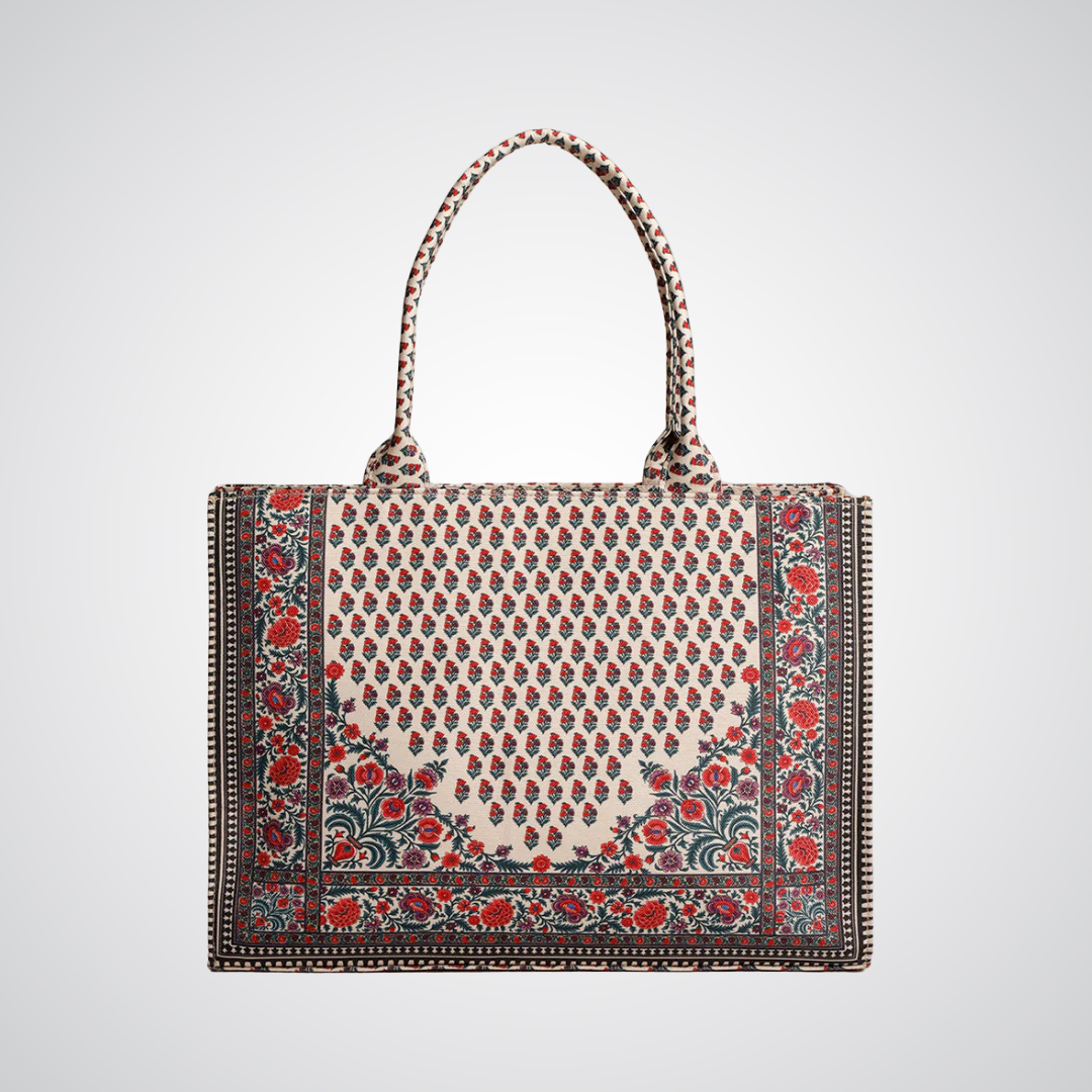 Bagwati red and white chatai canvas tote bag with floral pattern, premium handbag Pakistan