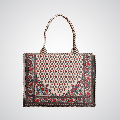 Bagwati red and white chatai canvas tote bag with floral pattern, premium handbag Pakistan
