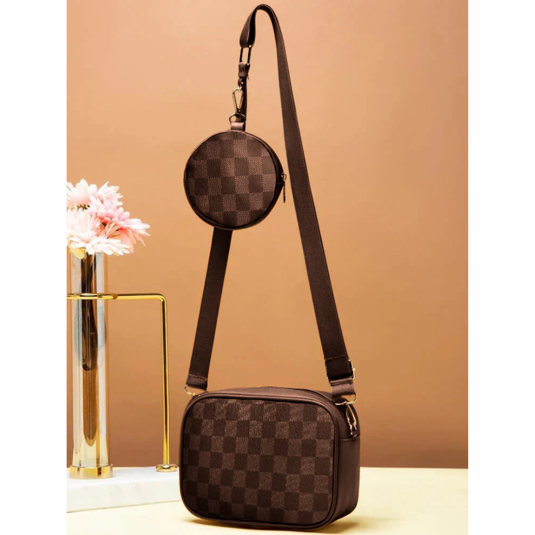 Checkered Coin Crossbody - Brown