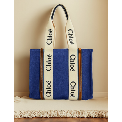Blue canvas tote bag with cream logo handles, displayed on a beige fringed cloth, Bagwati