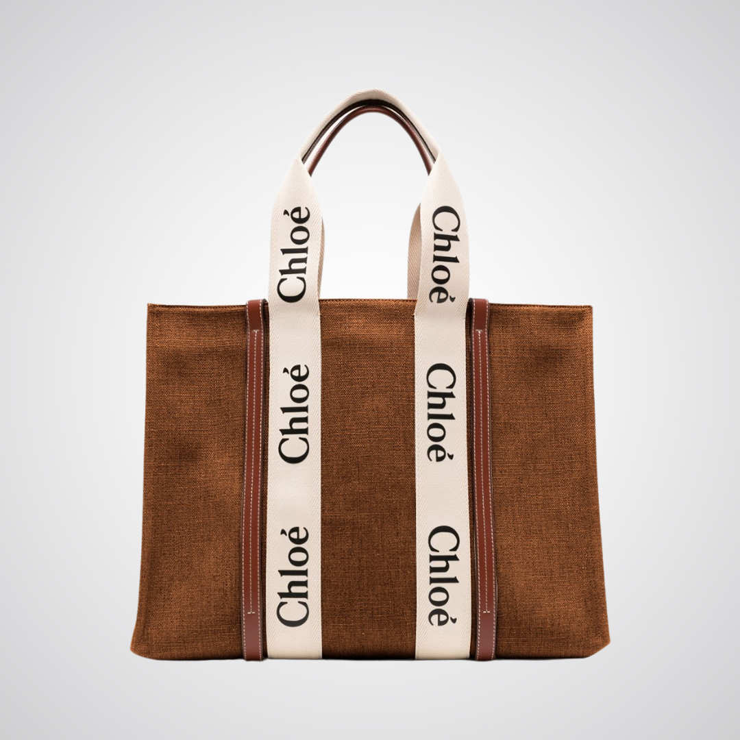 Dark brown canvas tote bag with ivory Chloé logo handles, premium Bagwati accessory