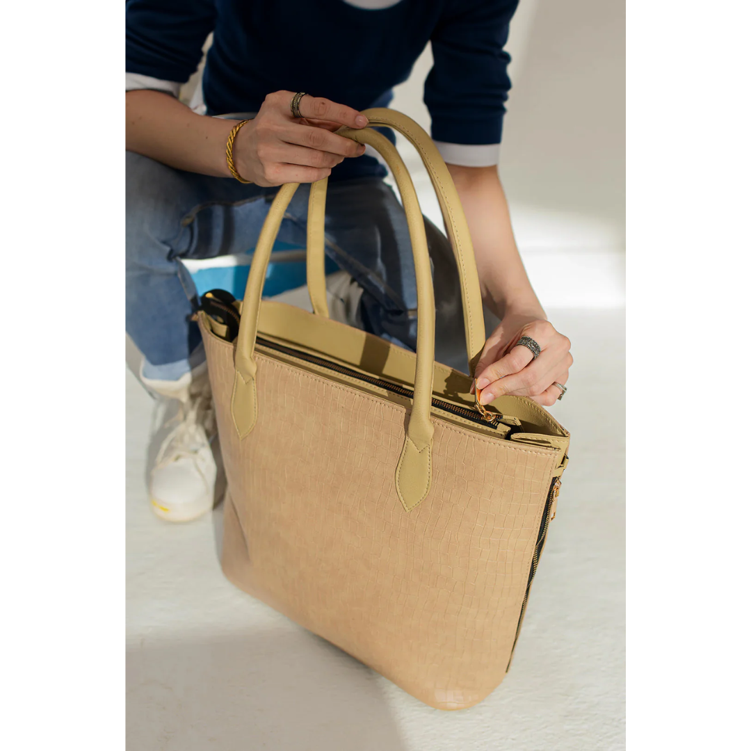Croco Side Zip Tote - Beige