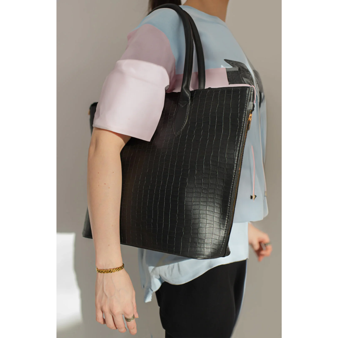 Croco Side Zip Tote - Black