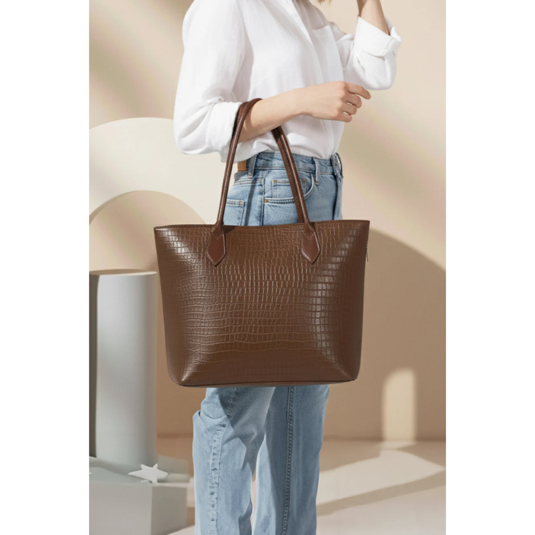 Croco Side Zip Tote - Brown