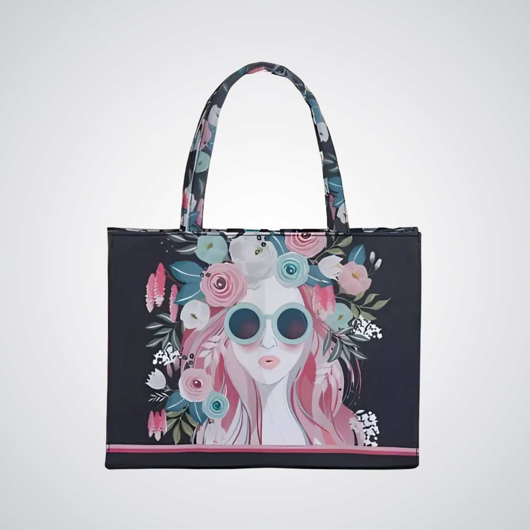 Bagwati black canvas tote bag with floral girl print and dual handles