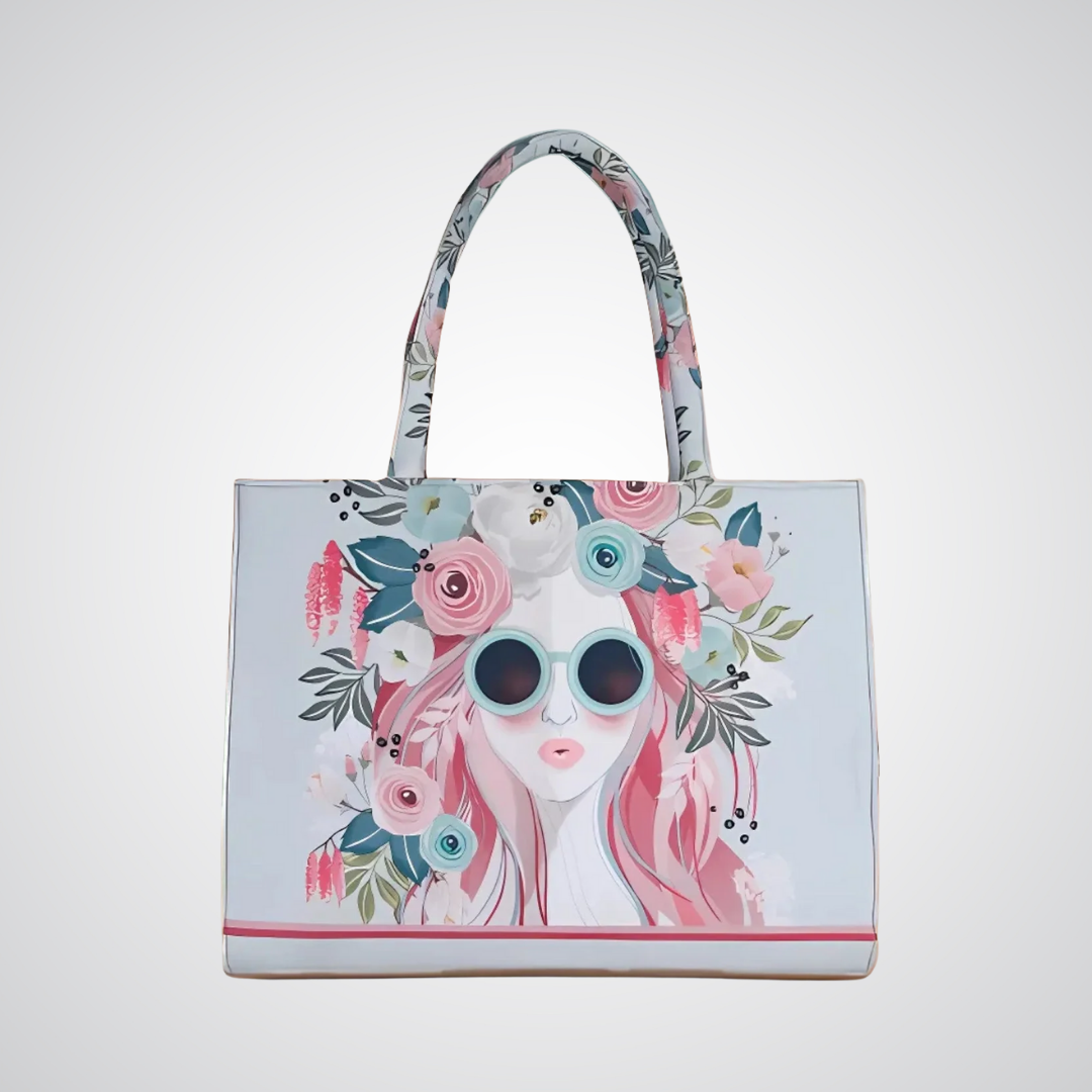Bagwati grey canvas tote bag with floral woman illustration and floral handles