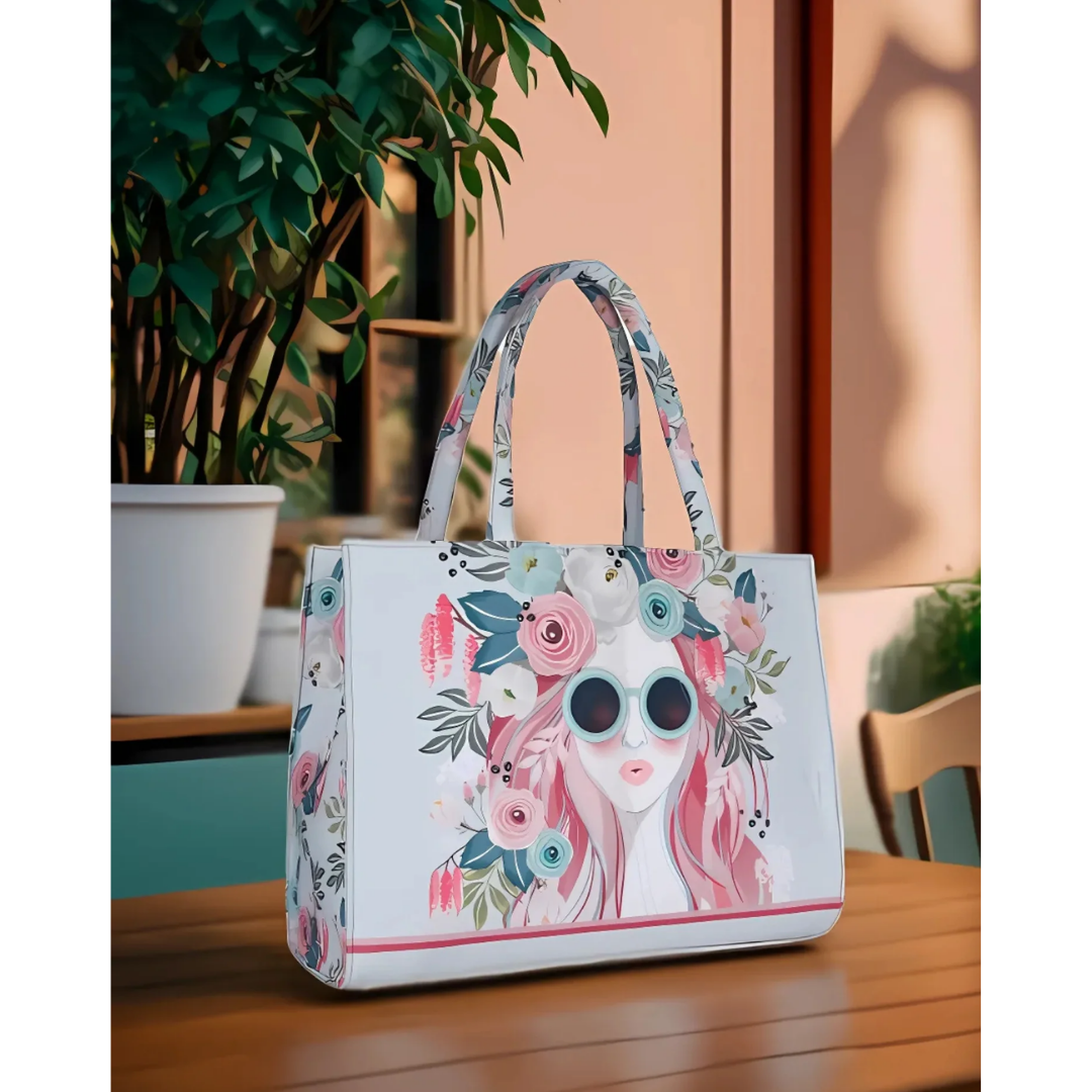 Bagwati grey canvas tote bag with floral sunglasses girl print, placed on a table indoors