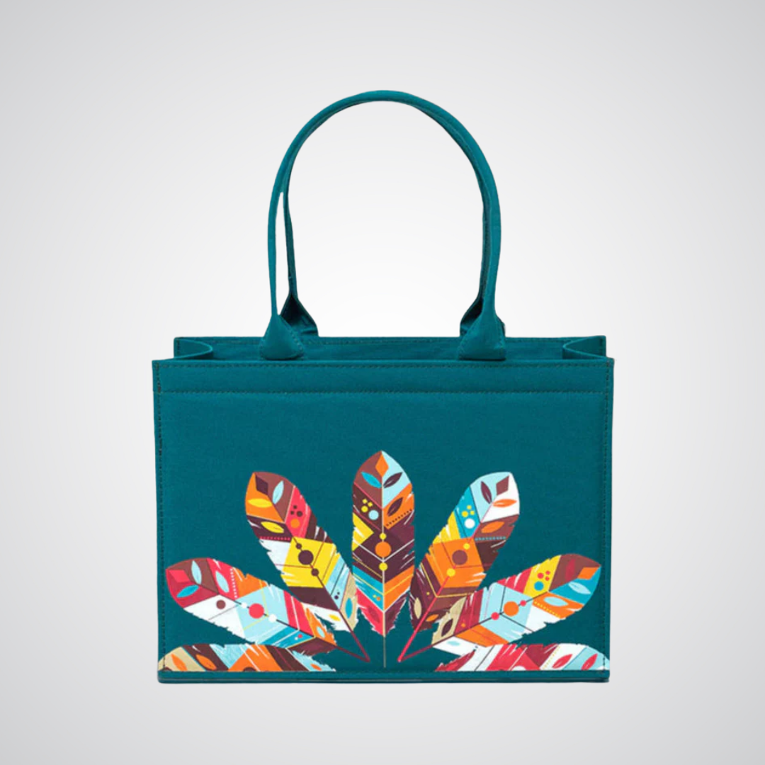 Bagwati green mini canvas tote bag with colorful feather design on front, elegant handbag