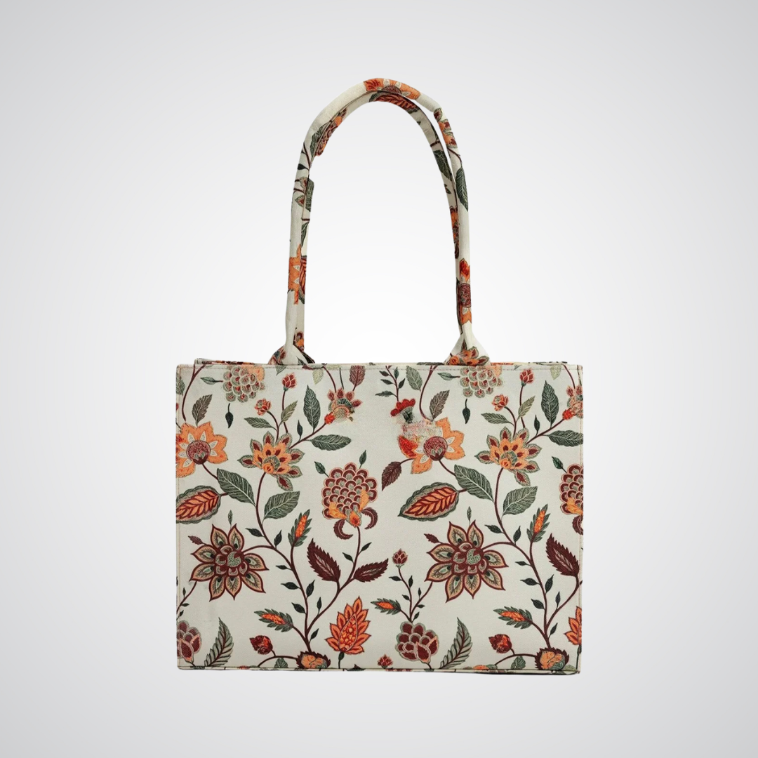 Bagwati beige floral canvas tote bag with orange and green flower pattern on white background