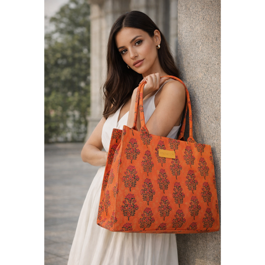 Floral Canvas Tote - Orange