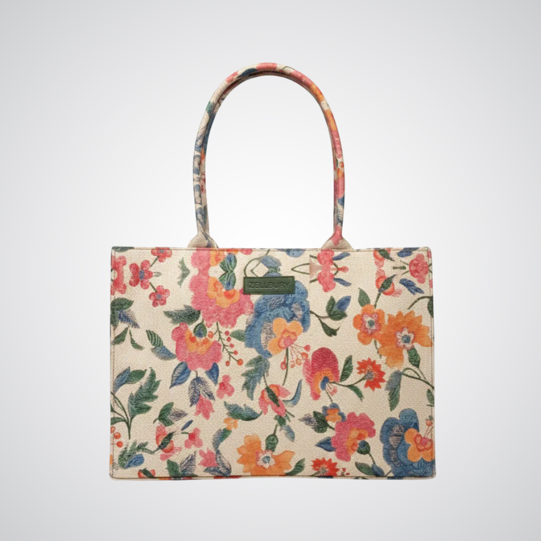 Beige canvas tote bag with colorful floral print by Bagwati, premium handbag in Pakistan