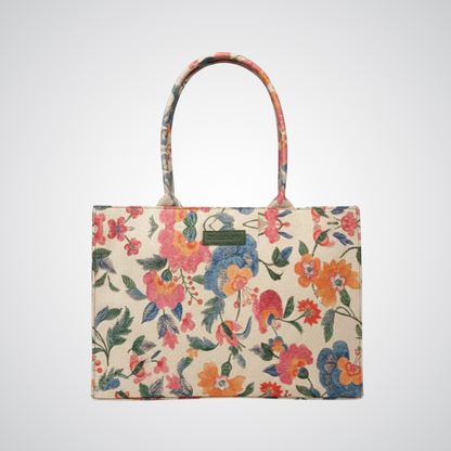 Beige canvas tote bag with colorful floral print by Bagwati, premium handbag in Pakistan