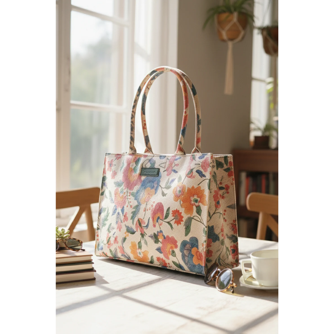 Bagwati beige floral print canvas tote bag on a sunlit table, elegant handbags collection