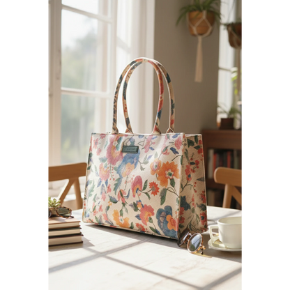 Bagwati beige floral print canvas tote bag on a sunlit table, elegant handbags collection
