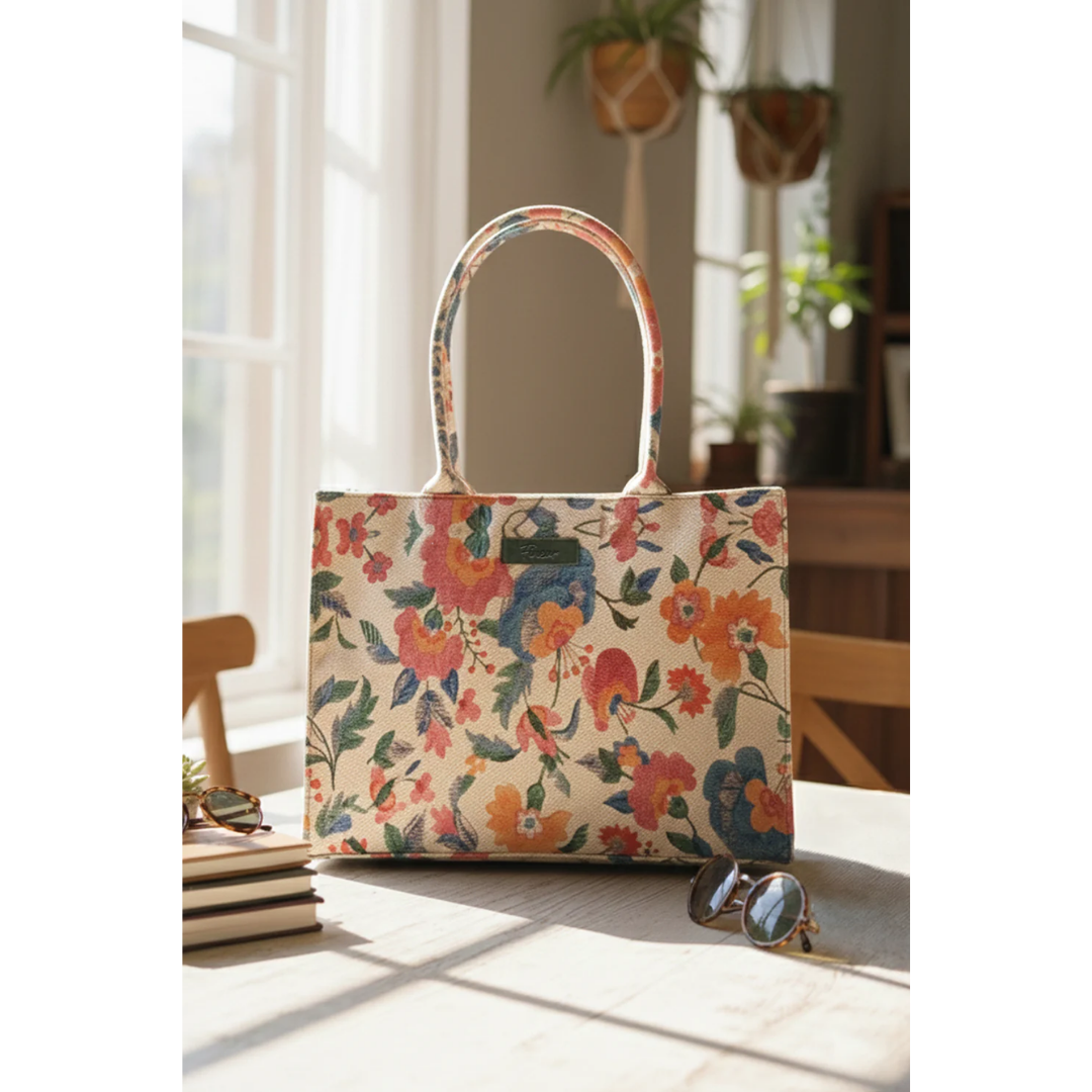 Bagwati beige floral canvas tote bag on table with sunlight, books, sunglasses, and indoor plants