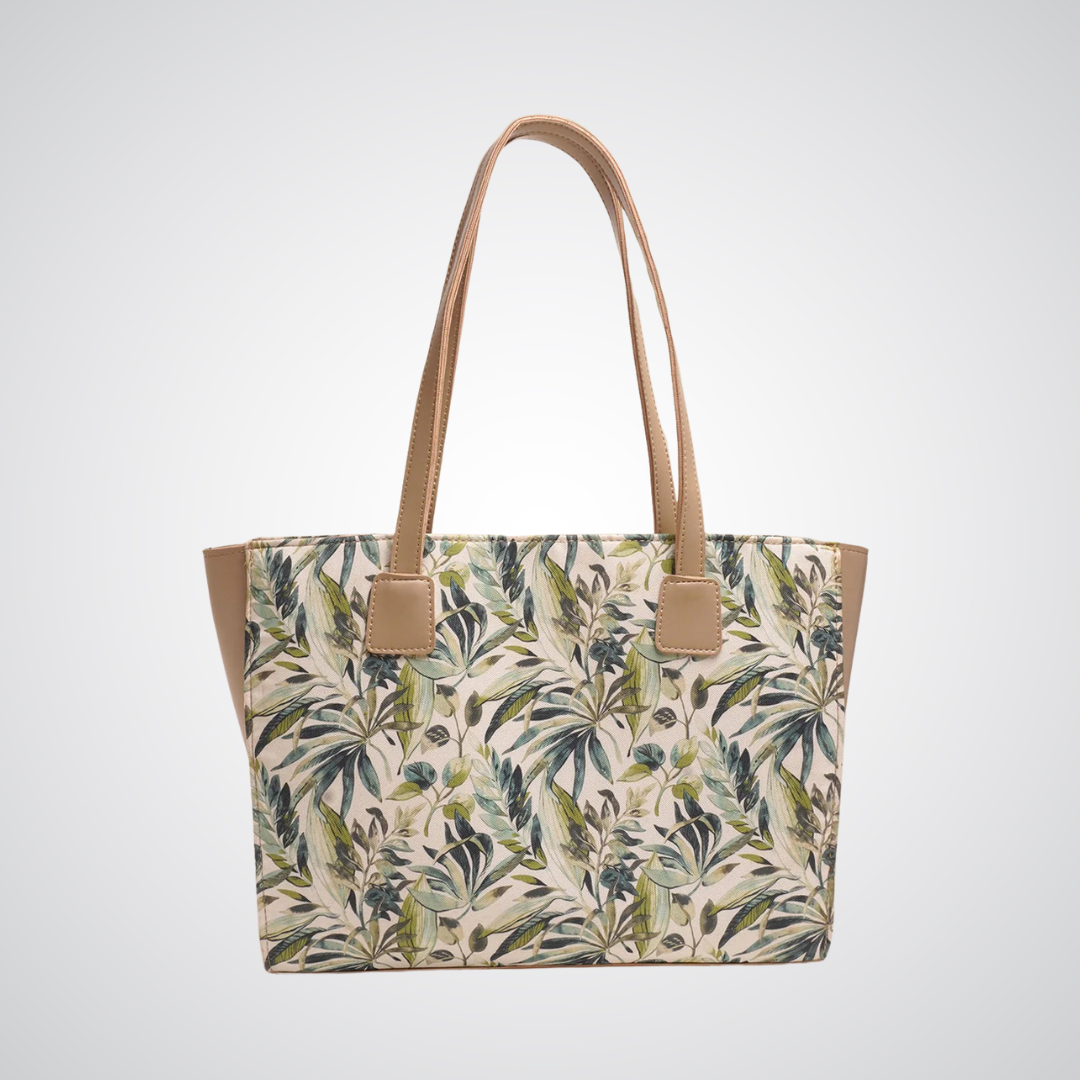 Bagwati beige canvas tote bag with botanical leaf print and tan handles, elegant handbag