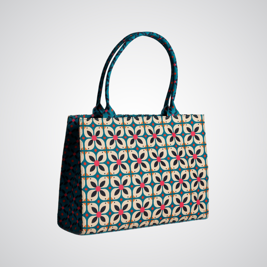 Bagwati blue geometrical floral canvas tote bag with dual handles, elegant design on white background