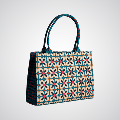 Bagwati blue geometrical floral canvas tote bag with dual handles, elegant design on white background