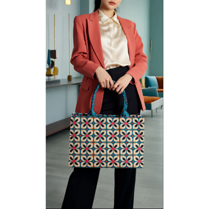 Woman holding Bagwati blue geometrical floral canvas tote bag in modern living room