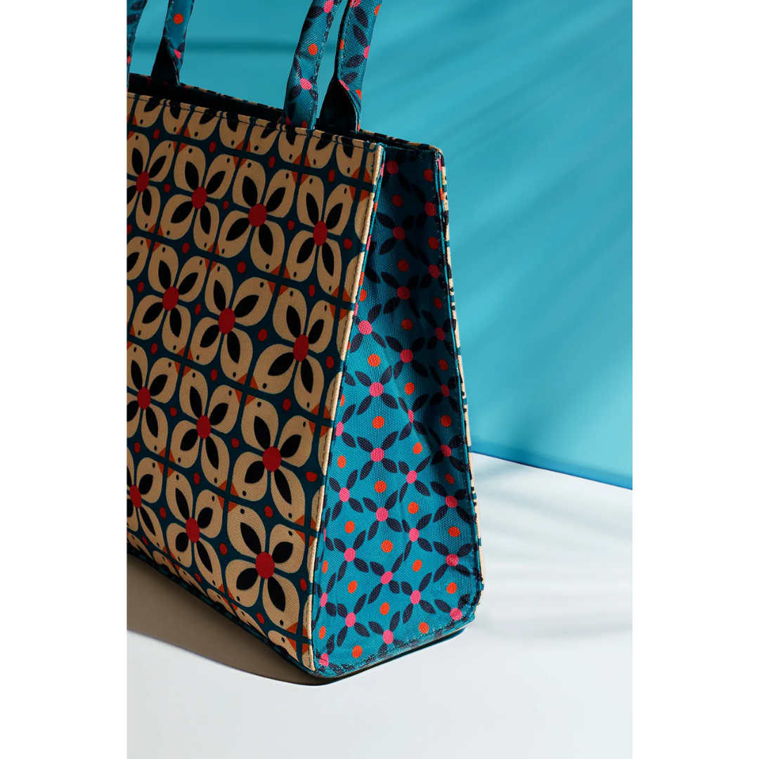 Bagwati geometric floral canvas tote bag in blue with bold patterns, elegant handbag
