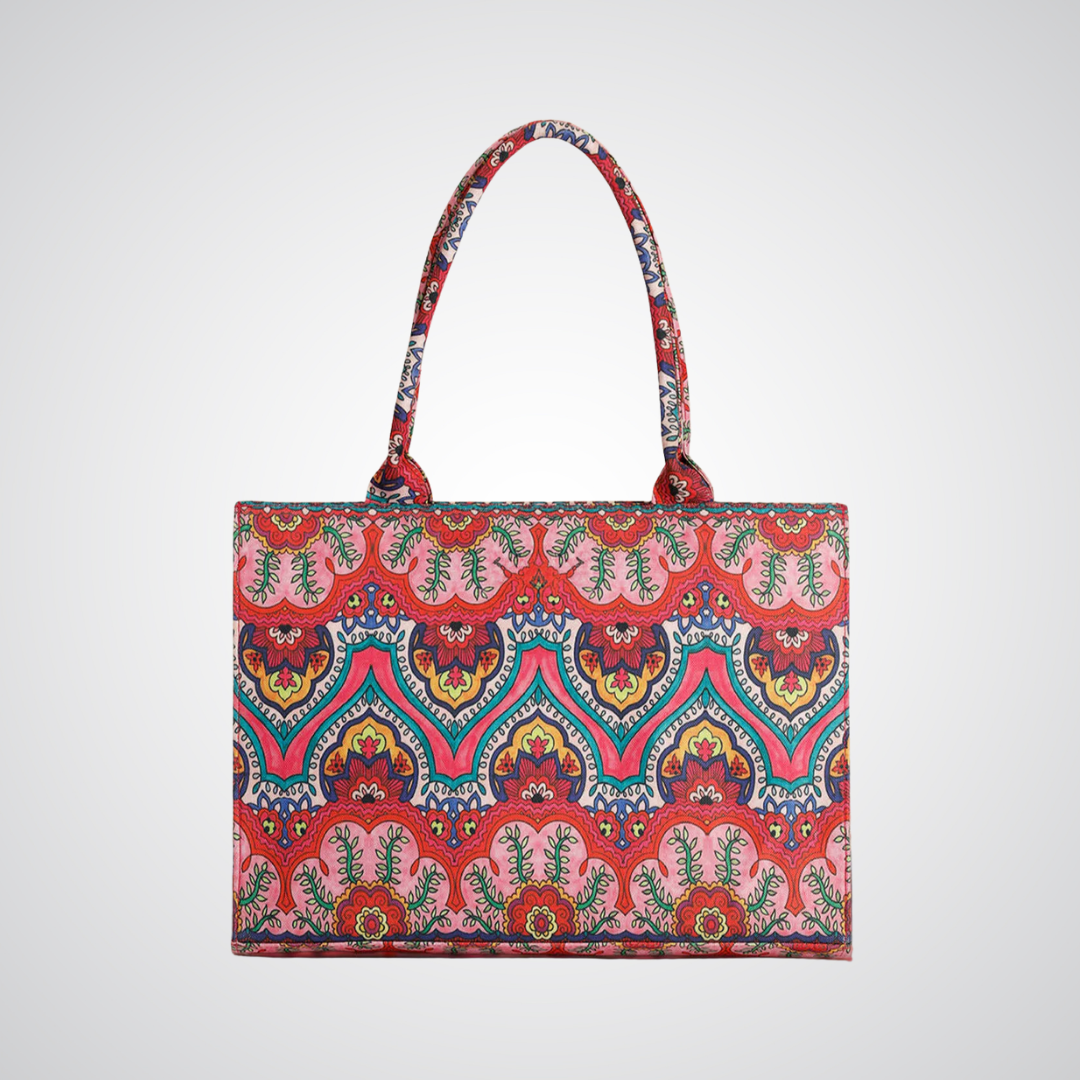 Bagwati Heritage Charm canvas tote bag with vibrant red and teal floral pattern