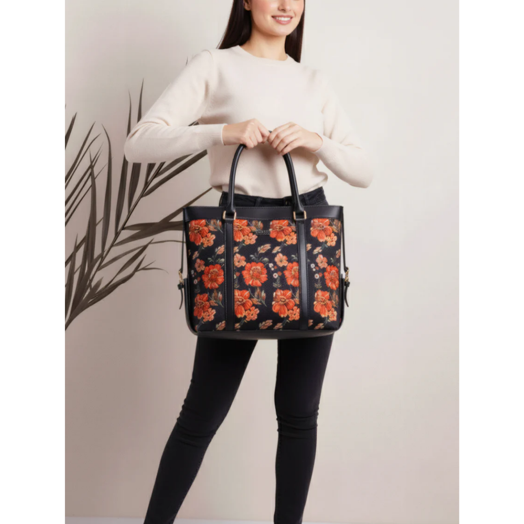 Midnight Bloom Strap Canvas Tote - Black