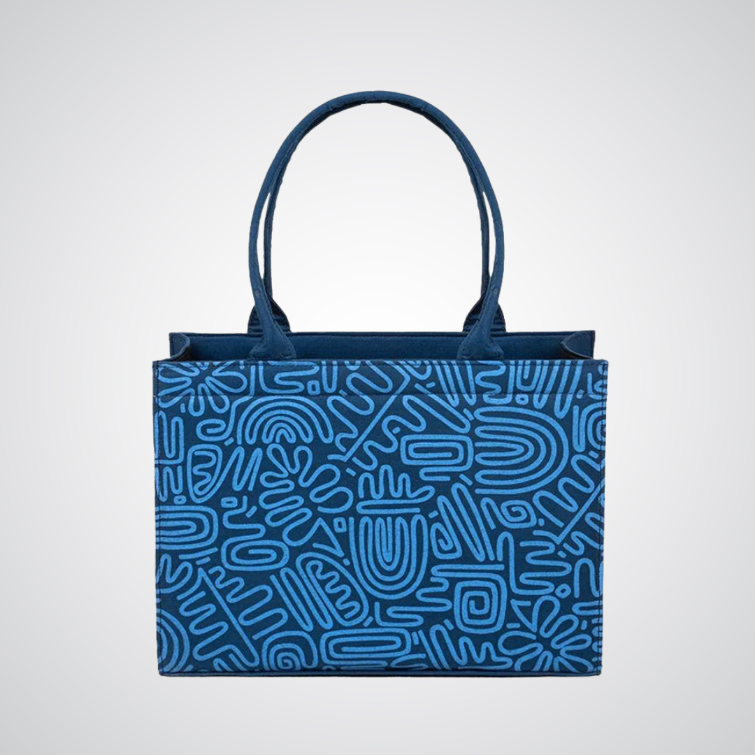 Bagwati mini blue canvas tote bag with abstract doodle art design, front view