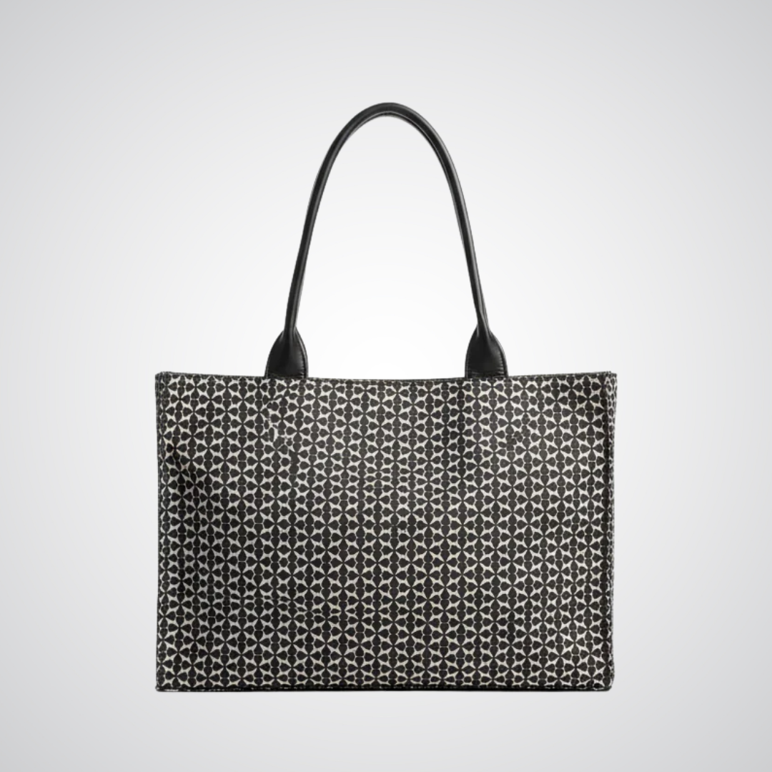 Bagwati black monochrome canvas tote bag with geometric pattern and black handles