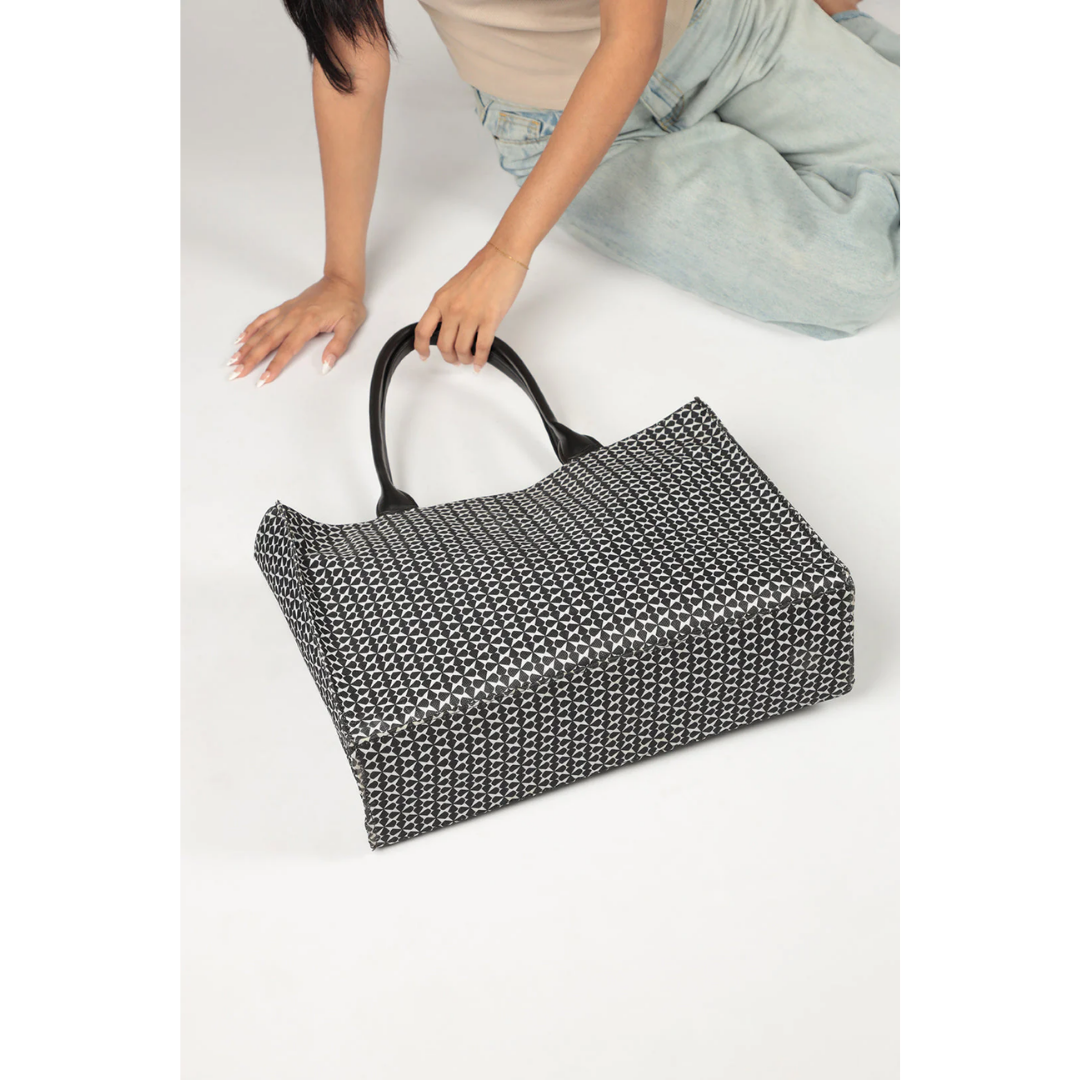 Bagwati monochrome black canvas tote bag with geometric pattern and black handles