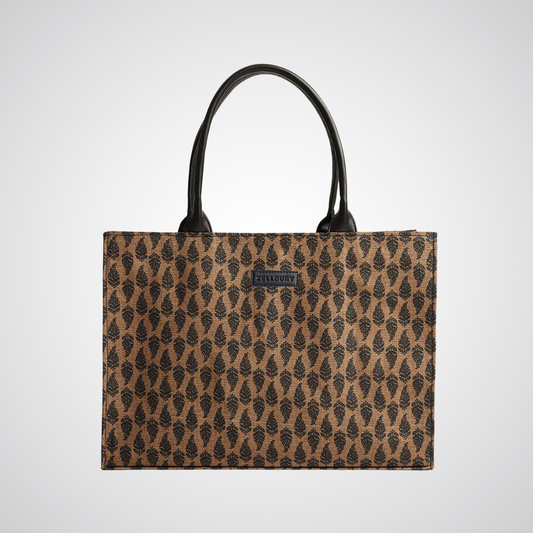 Brown monochrome canvas tote bag with black leaf pattern, dual handles, Bagwati design